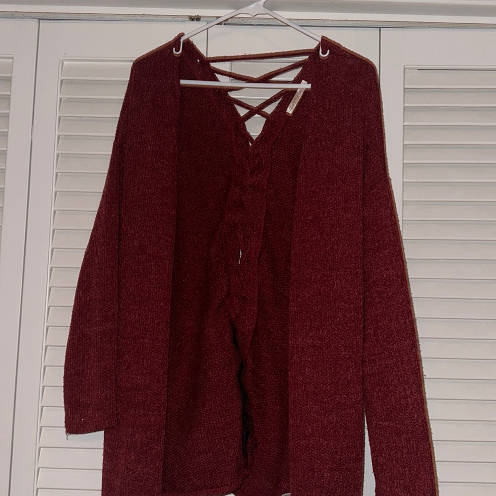 burgundy laced-back knit cardigan